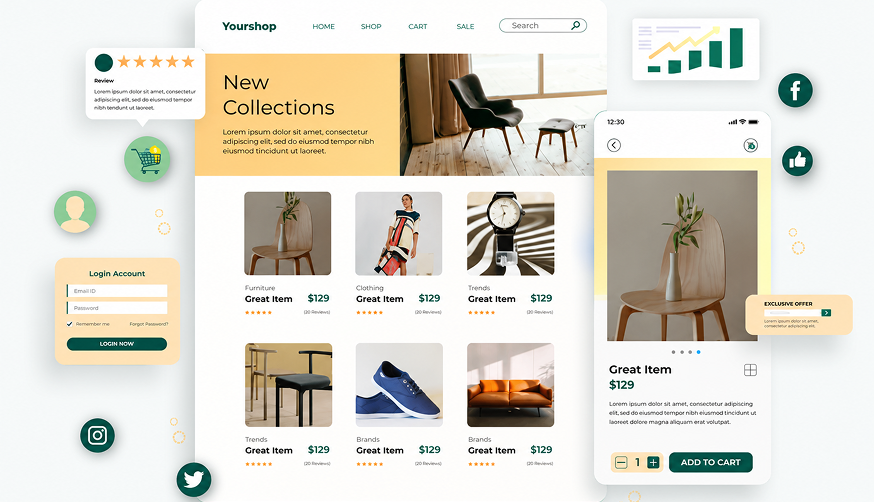 E-commerce website mockup displayed on a laptop