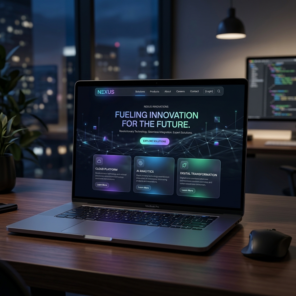 Corporate website mockup shown on a laptop