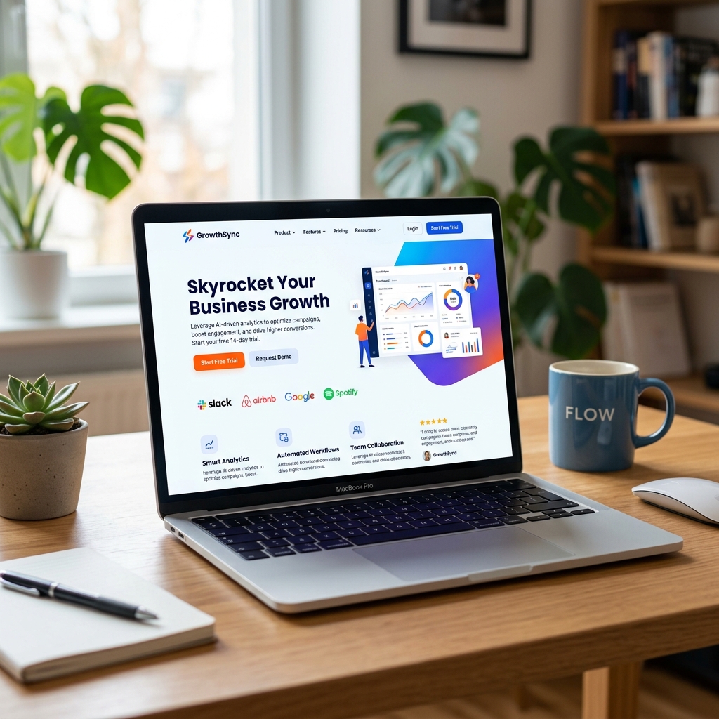 Landing page mockup displayed on a laptop